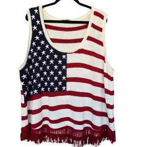 Jade By Jane Sweater Vest Womens 3XL USA Flag Stripes Fringe Patriotic Knit